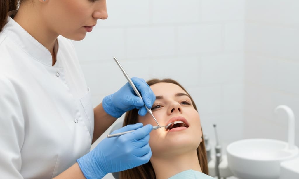 Dentist examining patient’s gums for hormone-related sensitivity and oral health checkup