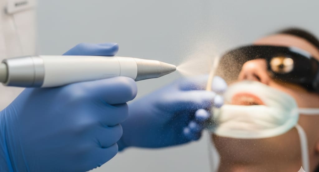 Dental professional using AIRFLOW Prophylaxis Master with warm water and powder spray.