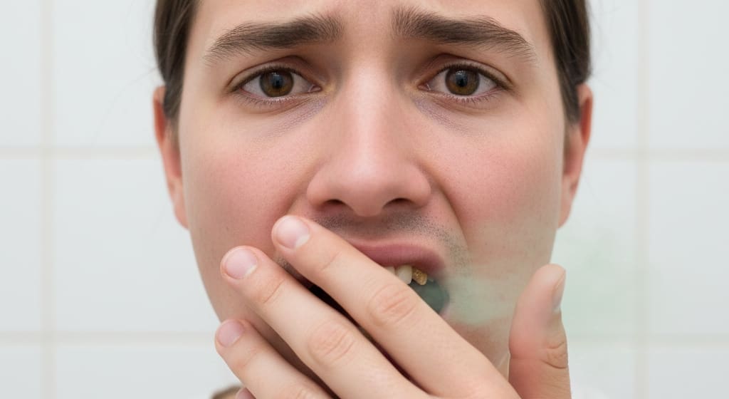 Bad breath from bacteria trapped under tartar on teeth