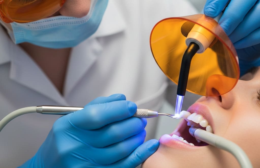 Dentist sculpting and curing composite veneer using blue dental curing light