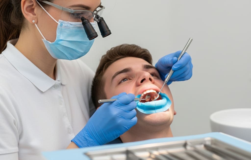 Dental hygienist detecting early gum disease during routine checkup