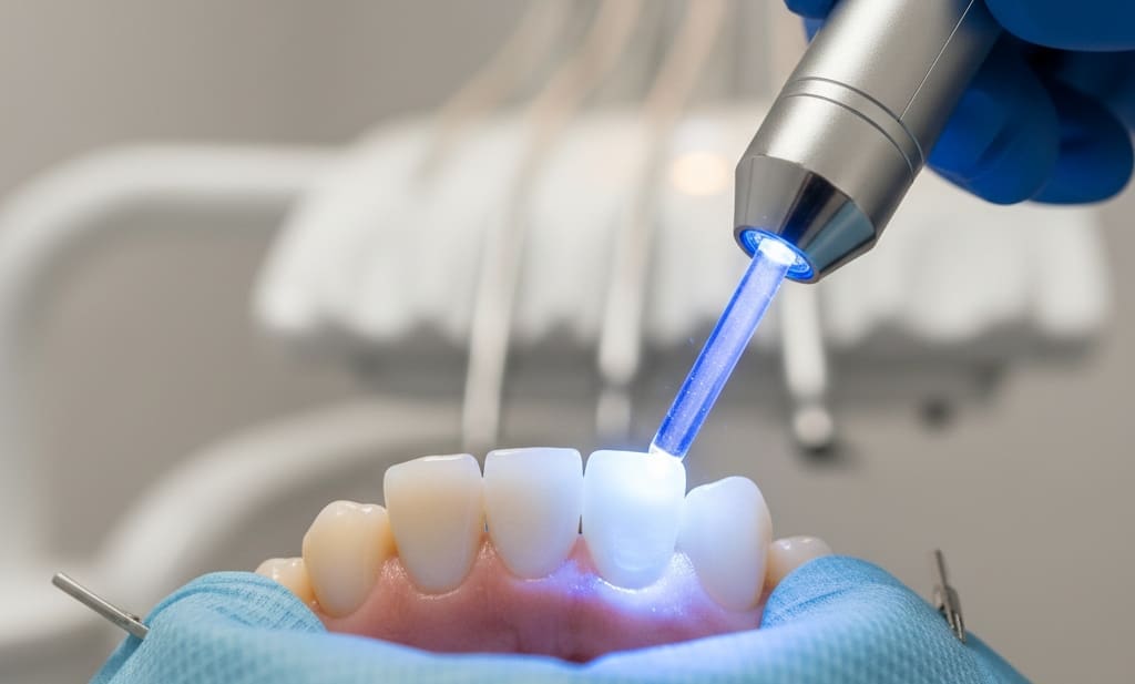 Dental veneers bonded to the front surface of teeth for cosmetic improvement