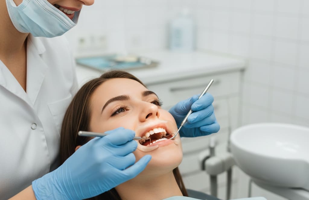 Dentist examining patient’s gums to assess oral health and diabetes-related gum risk
