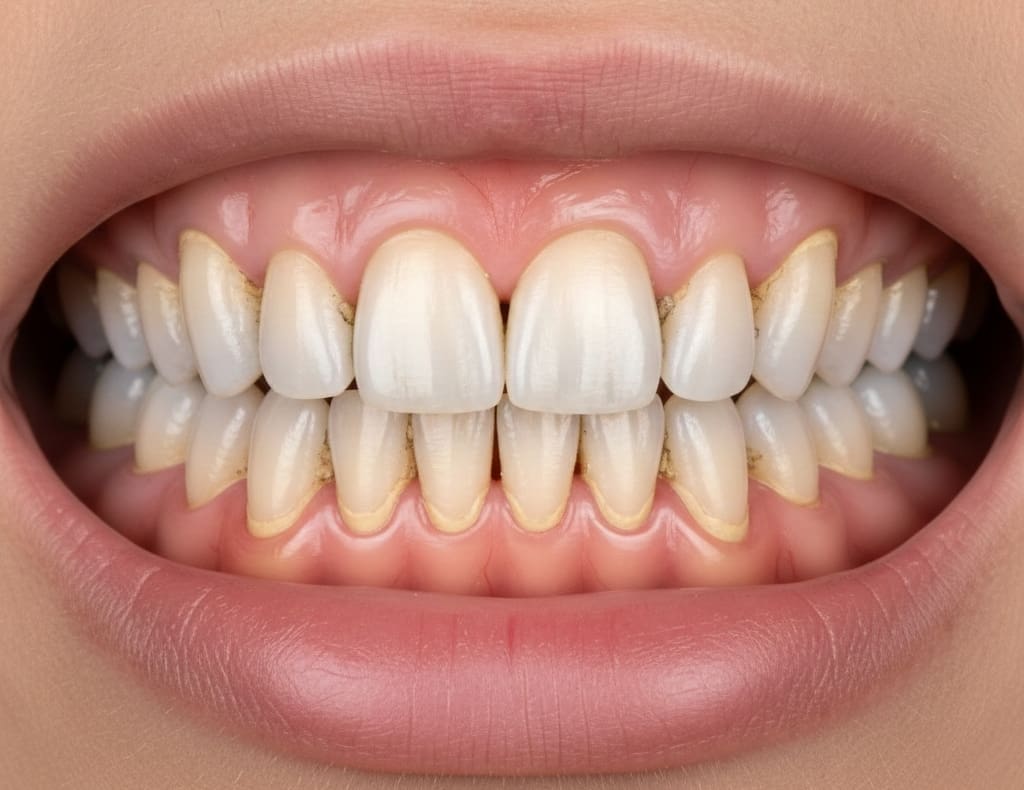 Early signs of periodontitis showing inflamed gums, plaque buildup, and mild gum recession for dental health awareness