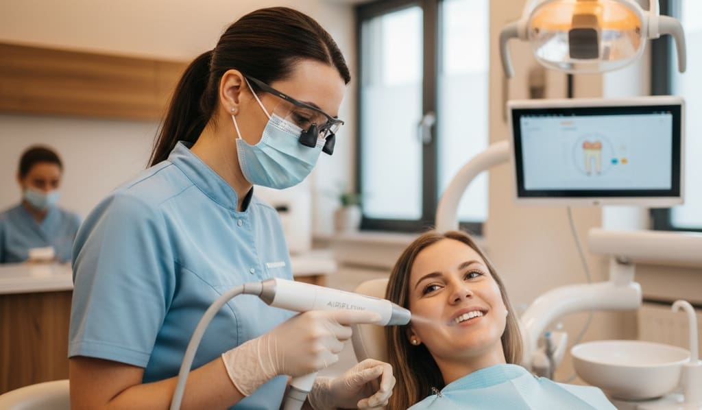 Guided Biofilm Therapy dental cleaning using AIRFLOW technology for a comfortable, pain-free experience