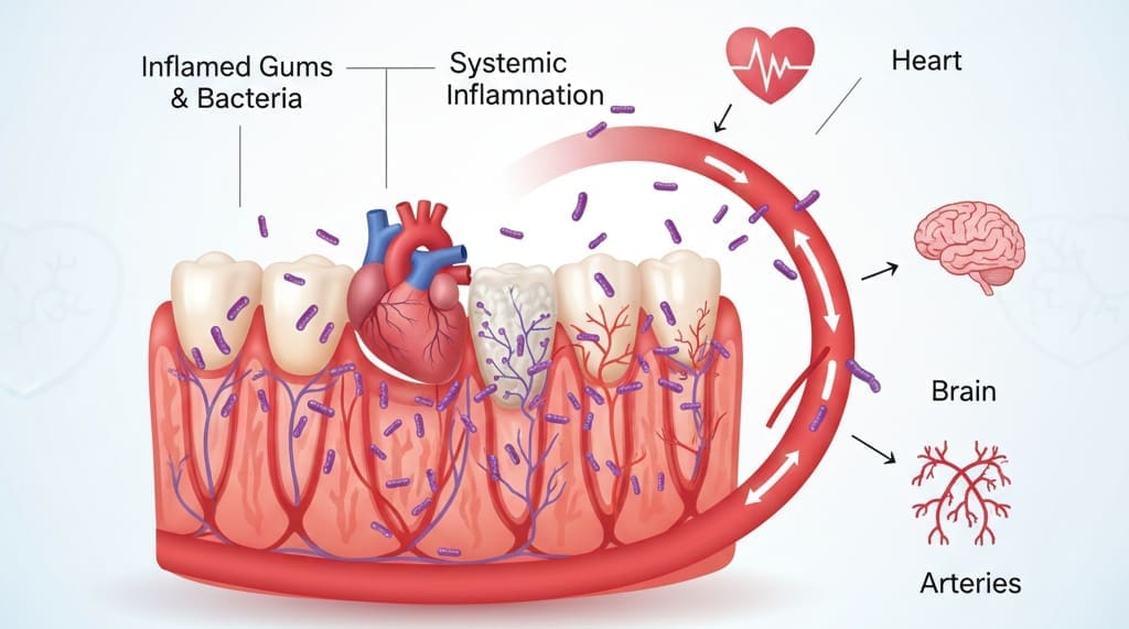 Illustration showing the oral-systemic link with bacteria from gums affecting heart and overall health
