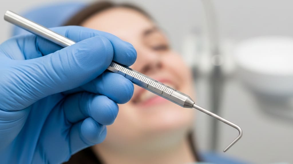 Dental hygienist measuring gum pocket depths to monitor oral health