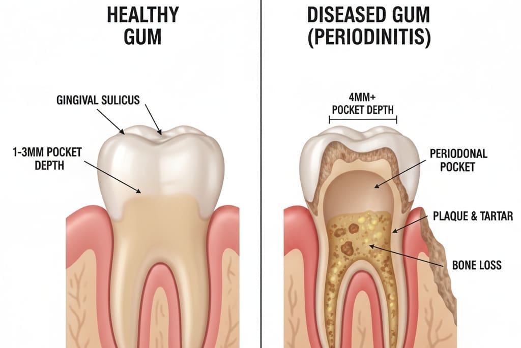 Diagram showing healthy gums and periodontal pockets that require scaling and root planing