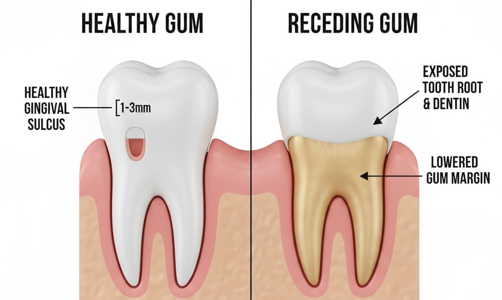 Illustration of factors contributing to gum recession including smoking, teeth grinding, and poor oral hygiene