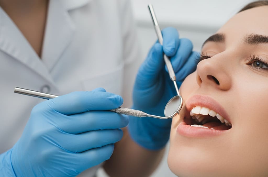 Dentist examining patient’s gums for gum recession and oral health checkup