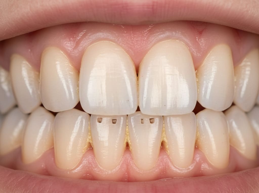 Close-up of teeth showing early gum recession with exposed roots and inflamed gums