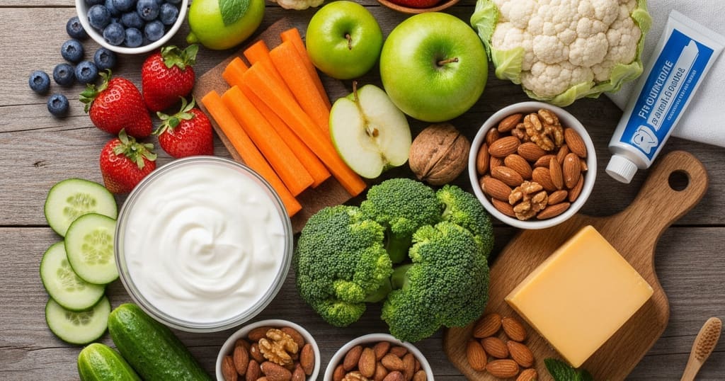 Healthy foods for strong teeth and gums including fruits, vegetables, dairy, and nuts