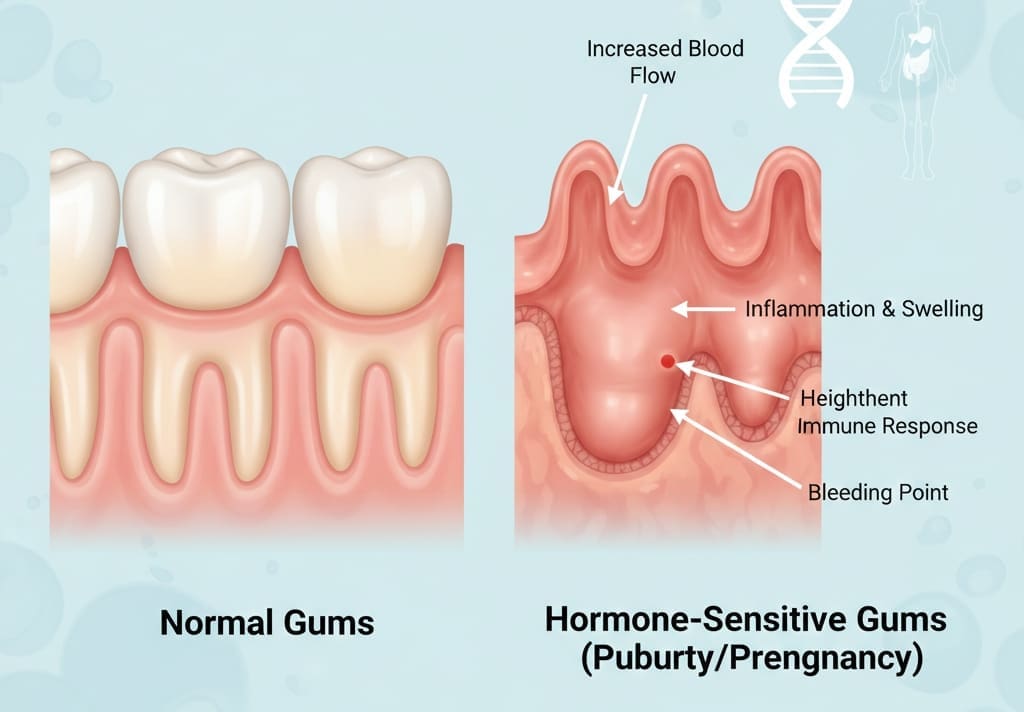 Diagram showing how hormonal changes affect gum sensitivity, blood flow, and tissue response