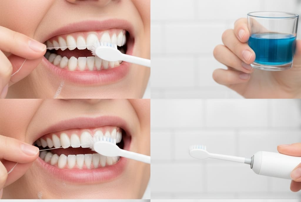Person brushing and flossing properly to prevent gum recession and maintain healthy gums