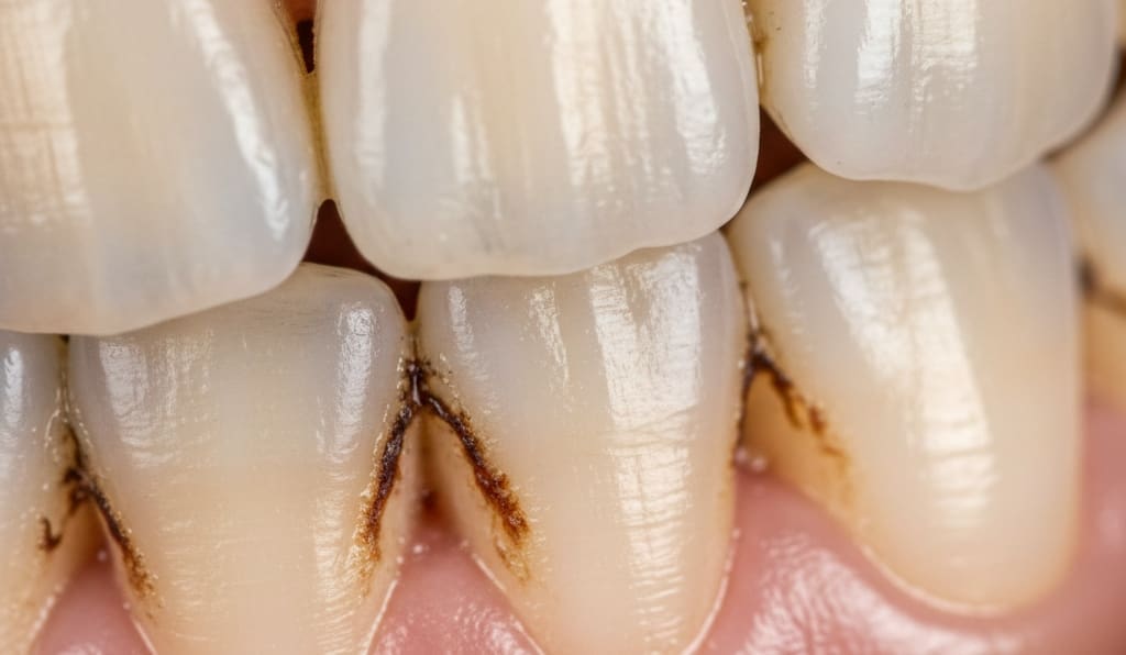 Plaque buildup trapping stains and darkening tooth color
