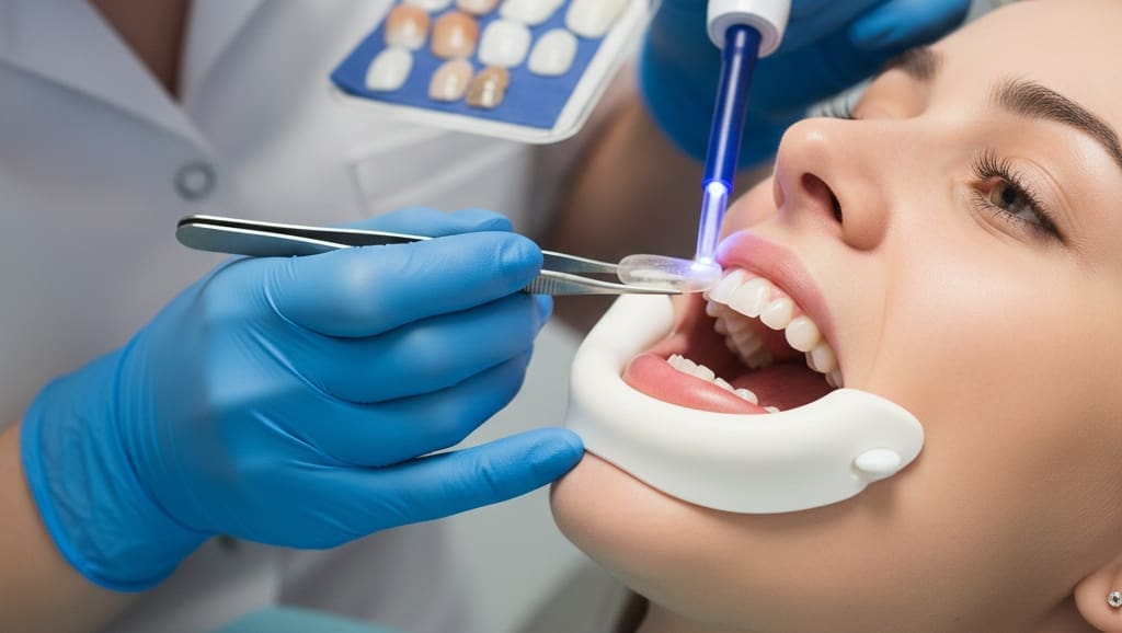 Porcelain veneers being permanently bonded to teeth by a dentist