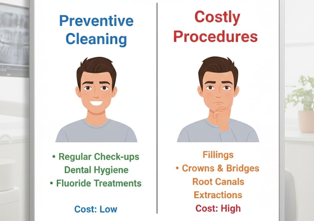 Regular dental cleanings reduce the risk of costly procedures like fillings and