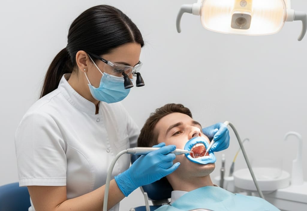 Dental hygienist performing professional teeth cleaning for healthy gums