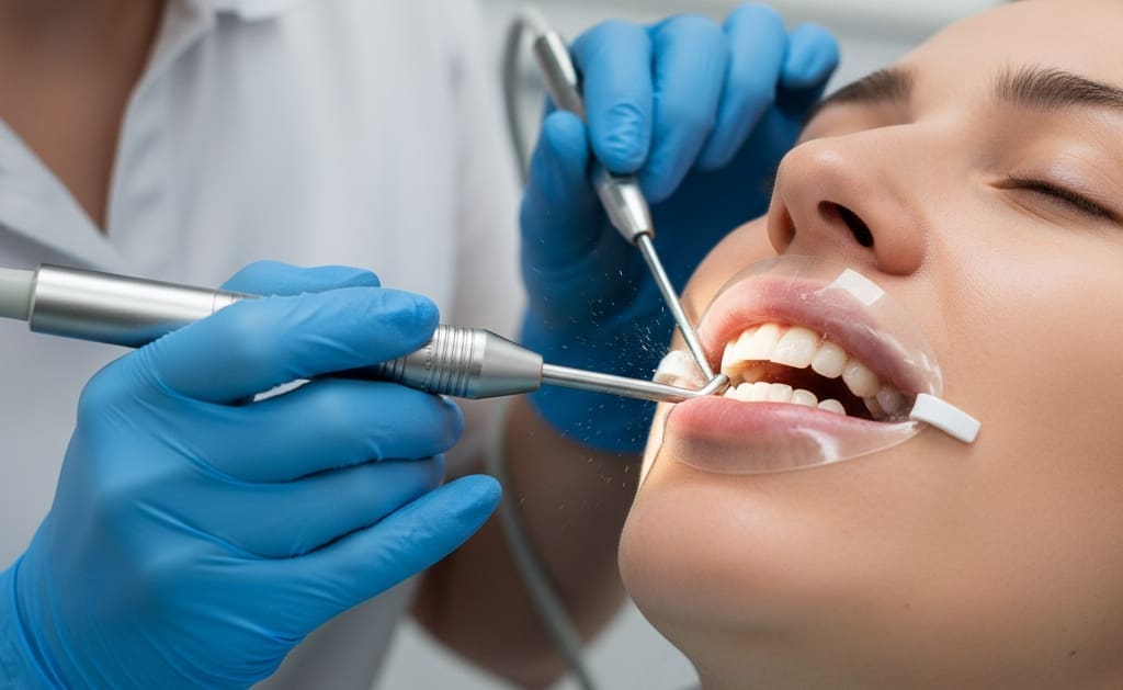 Dental hygienist performing scaling and root planing deep cleaning on patient’s teeth