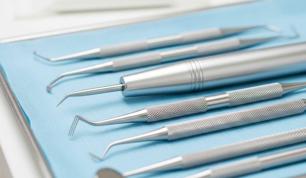 Dental instruments used for scaling and root planing including ultrasonic scalers and curettes