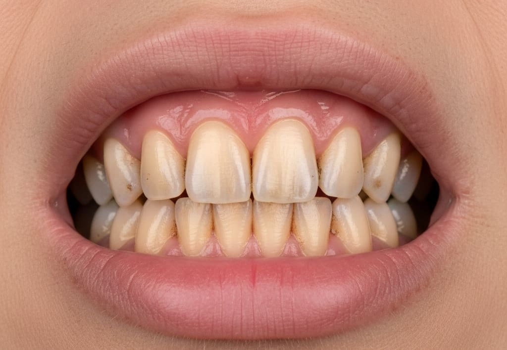 Smoker’s teeth showing early signs of gum disease with inflamed gums and plaque buildup