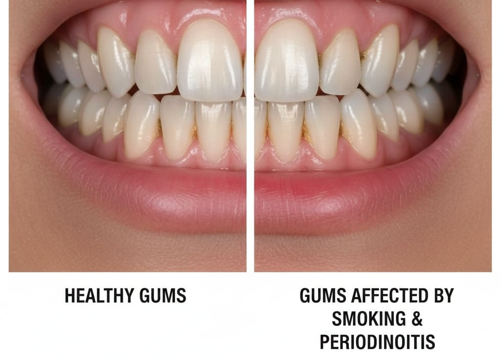 Comparison of healthy gums and gums affected by smoking-related gum disease showing recession and inflammation