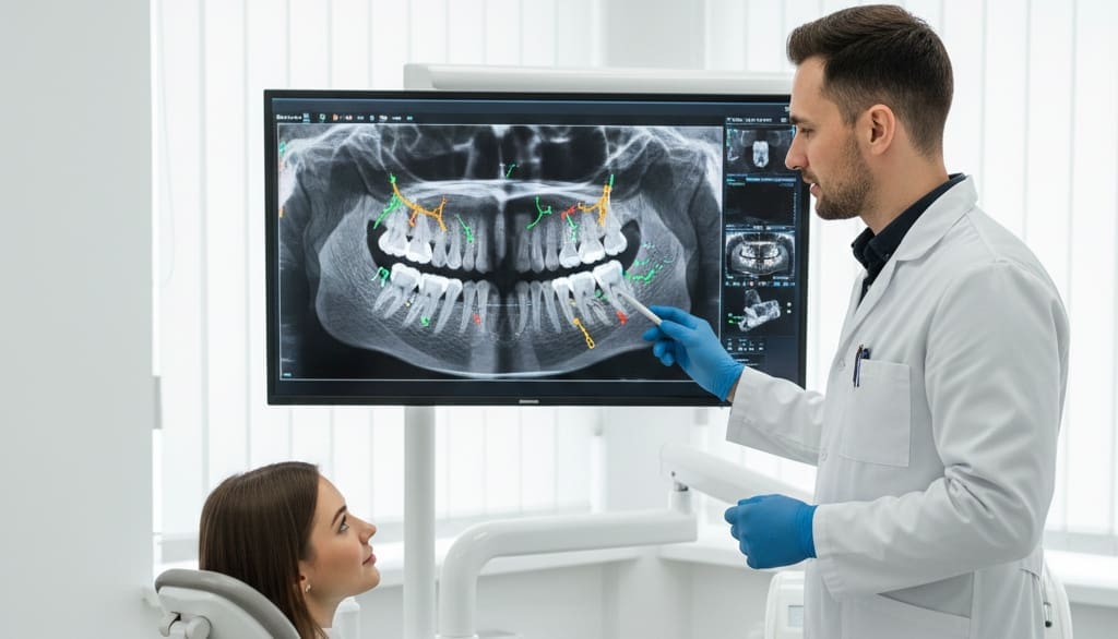 3D dental imaging scan displayed on monitor during patient consultation in modern clinic