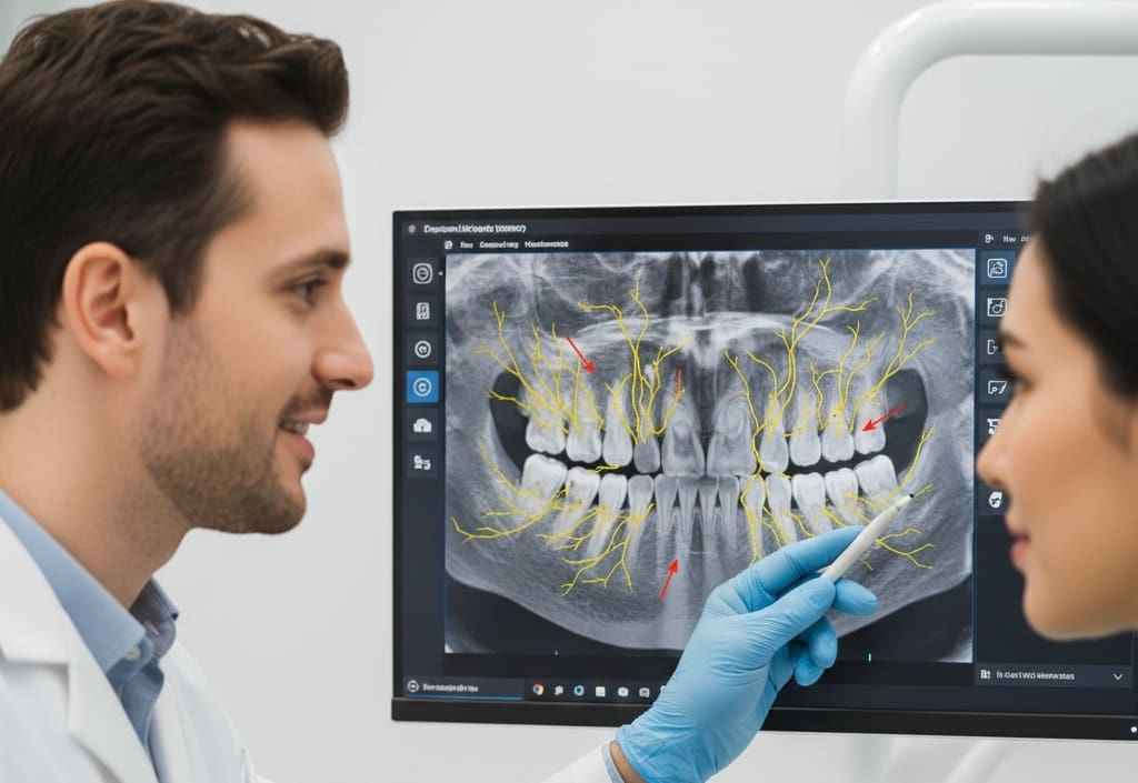 Dentist analyzing 3D dental scan showing jawbone, nerves, and teeth structure