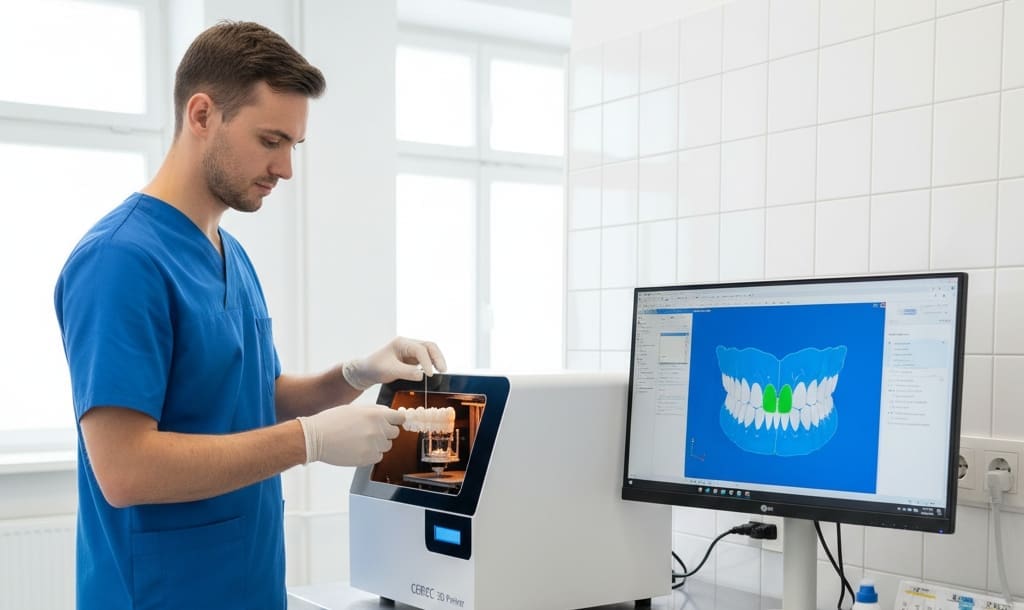 Dental professional preparing 3D printed crown in modern dental clinic lab