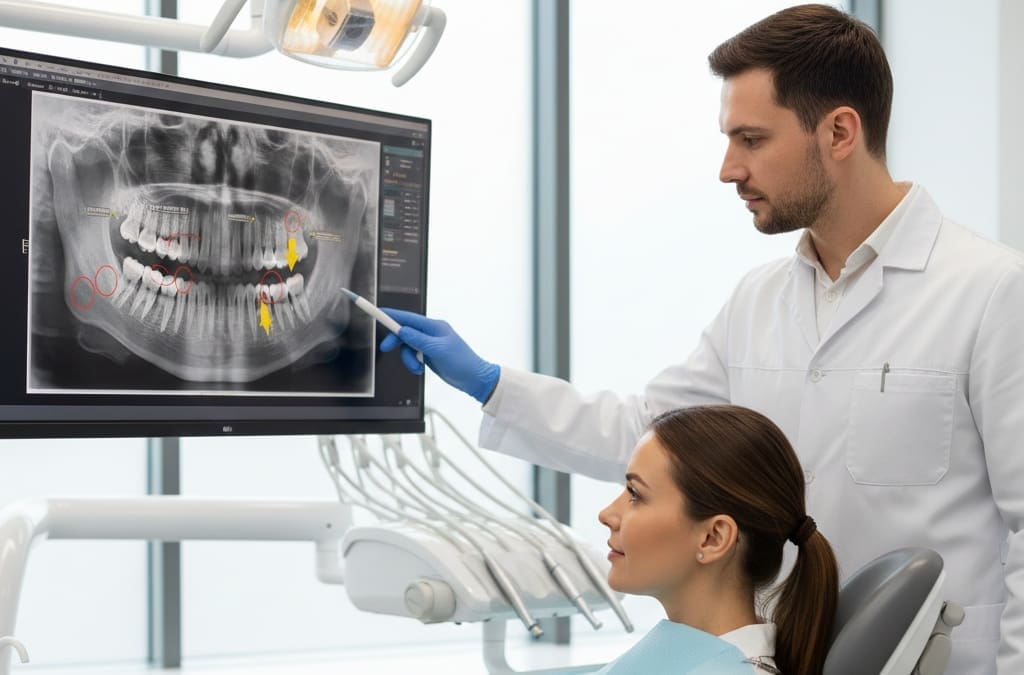 Dentist reviewing AI-assisted dental X-ray diagnostics in modern clinic