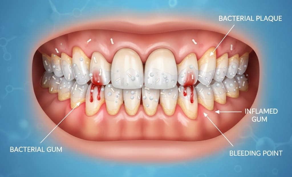 Close-up of gums bleeding and tender from early-stage periodontitis caused by plaque and bacteria