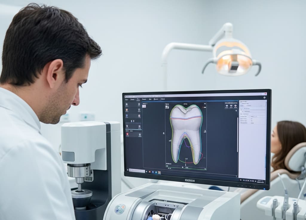 Dentist designing CAD CAM dental crown using digital chairside technology