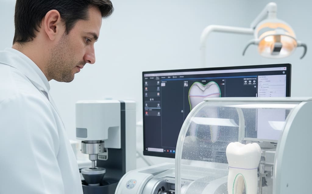 CAD CAM milling machine creating same day dental crown in clinic