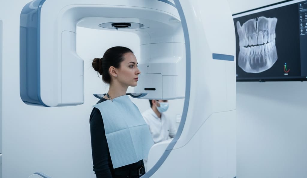 Cone beam CT scanner performing 3D dental imaging during diagnostic scan