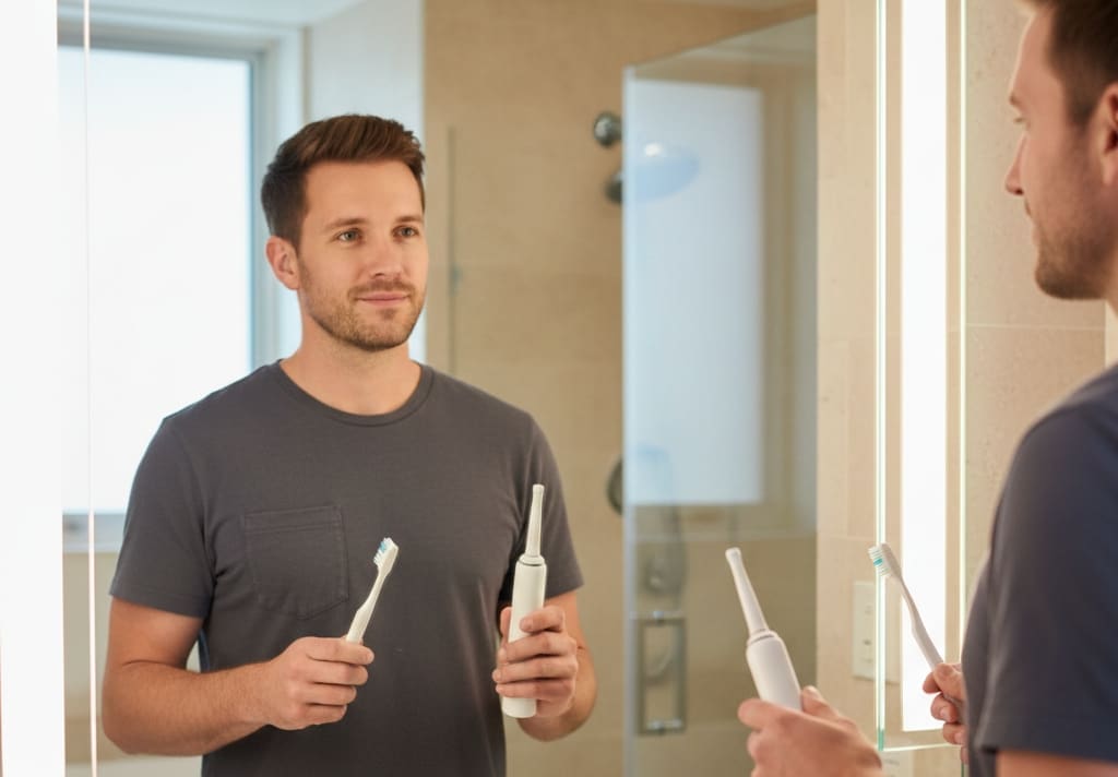 Person choosing between manual and electric toothbrush in bathroom