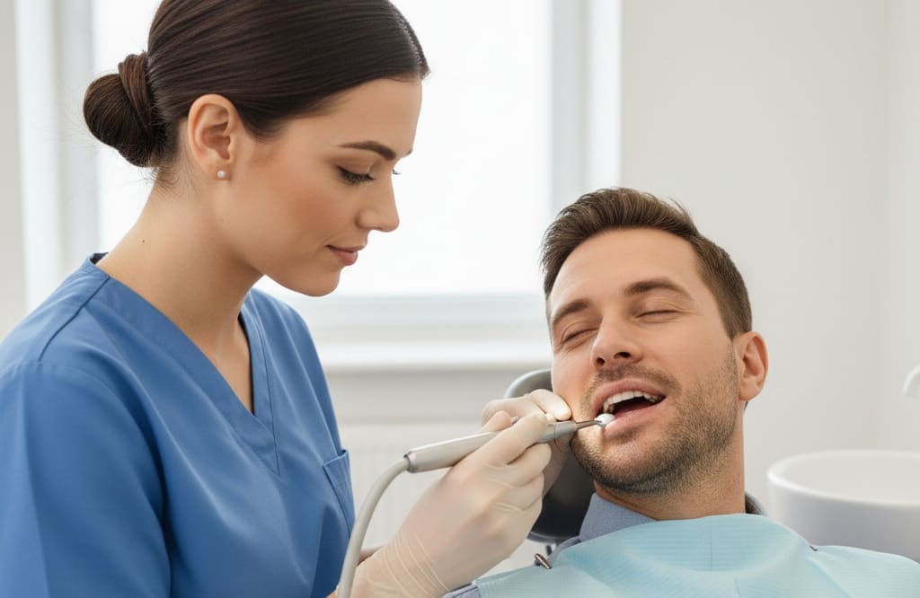 Dental hygienist performing professional cleaning for a first-time dental patient
