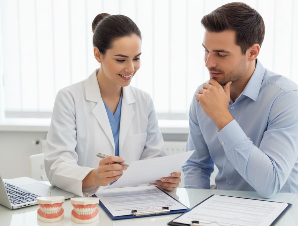 Patient and dentist discussing dental treatment costs and insurance coverage