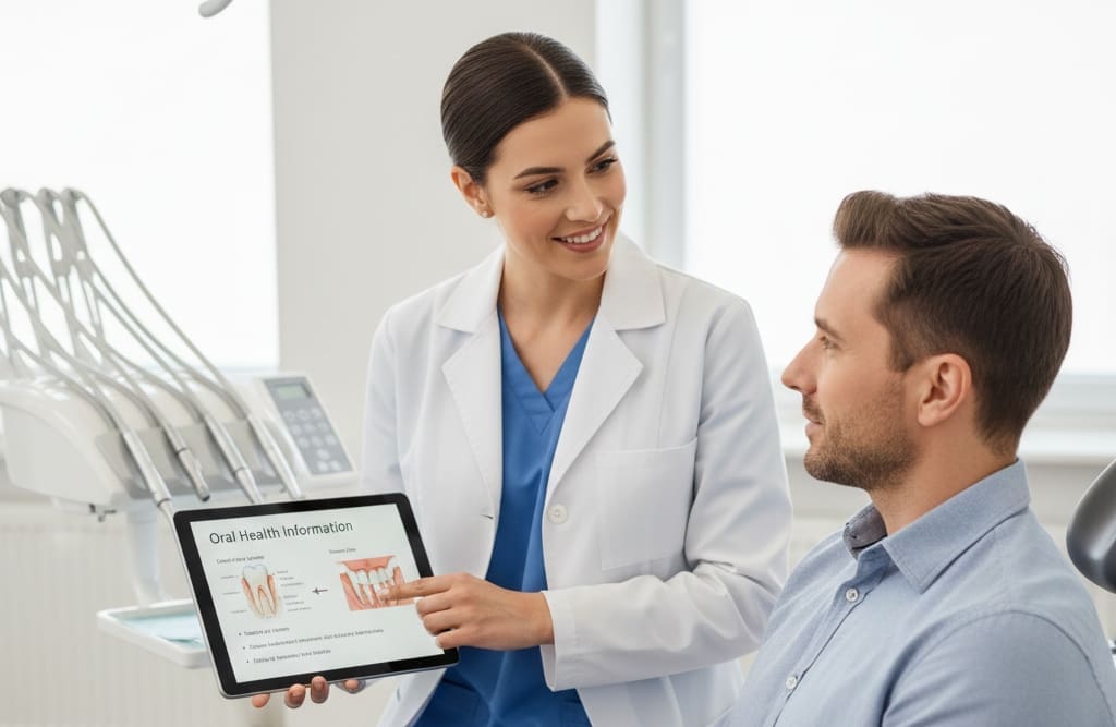 Dentist discussing oral health concerns with a patient during a first dental appointment