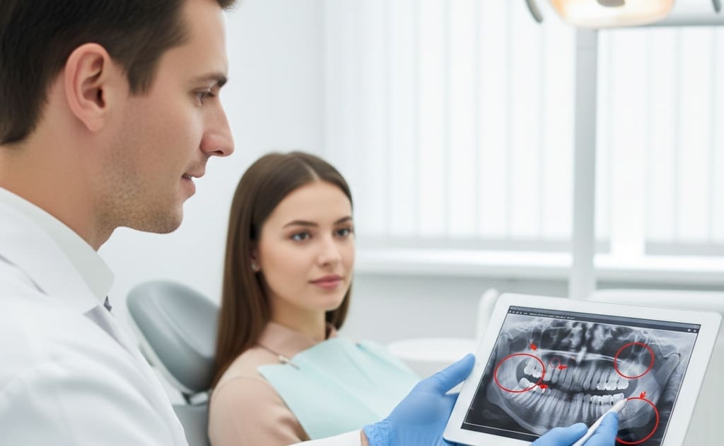 Dentist explaining AI dental scan results to patient during consultation