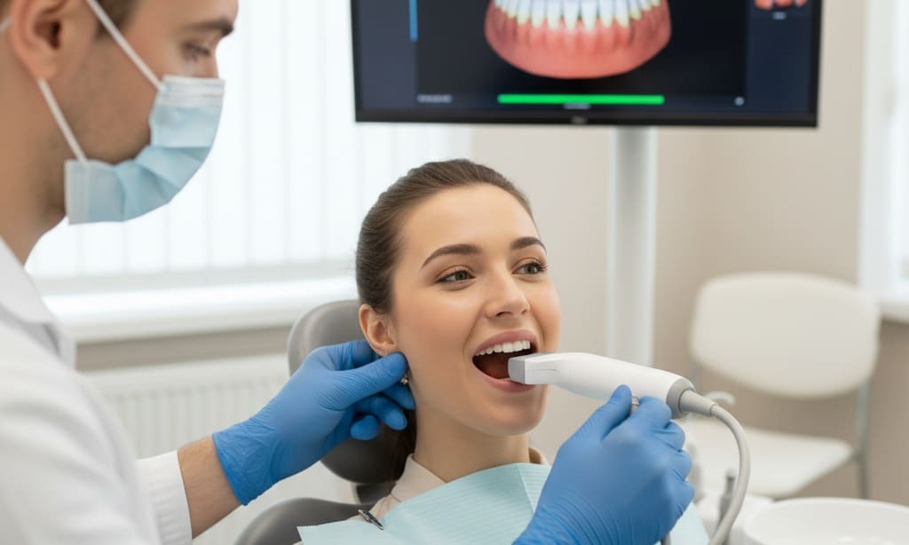 Dentist capturing digital dental impression with CAD CAM intraoral scanner