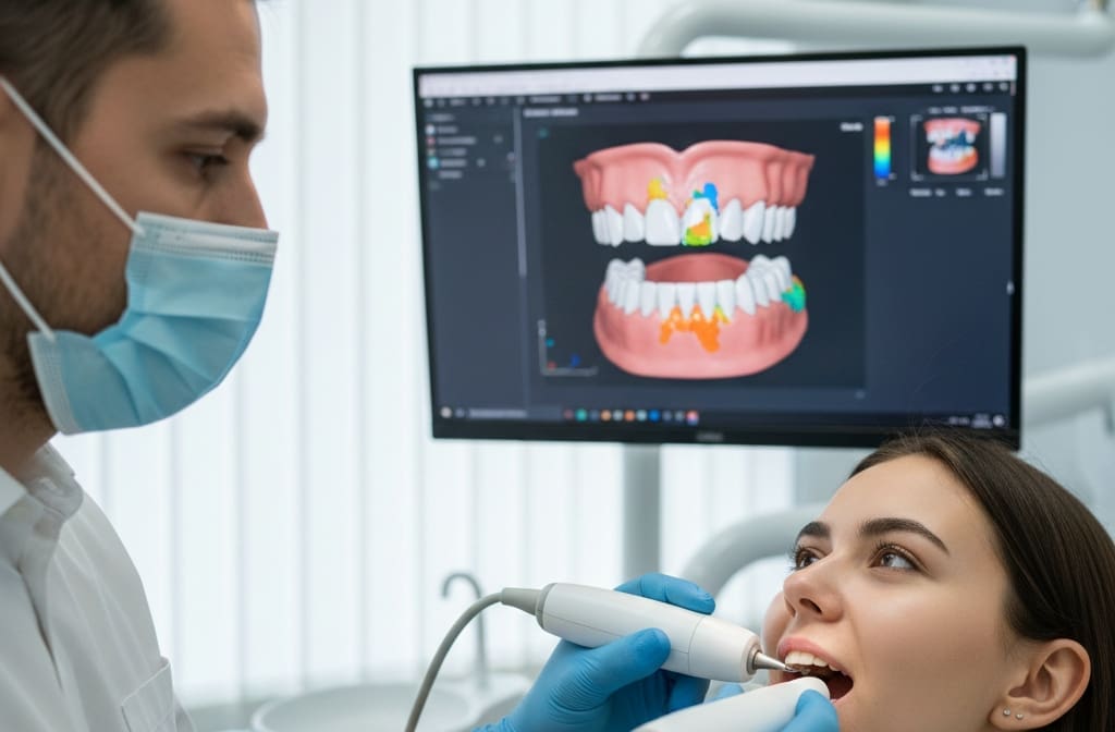 Dentist performing digital intraoral scan for accurate dental diagnosis