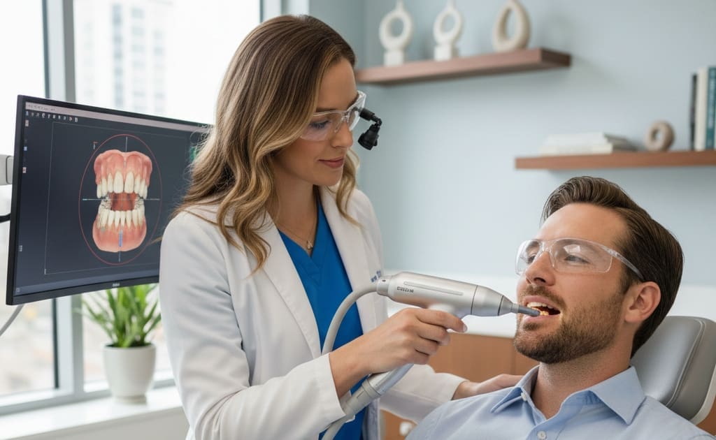 Dentist capturing digital dental impression with intraoral scanner
