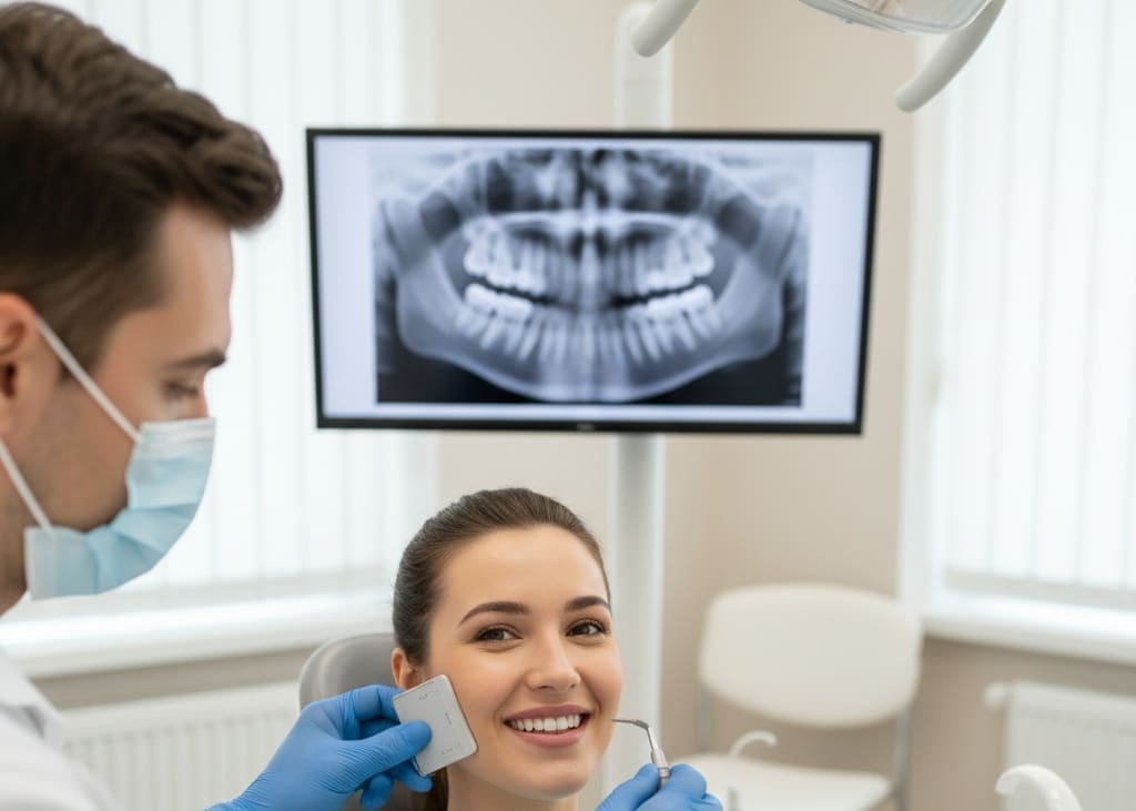 Patient receiving a digital dental X-ray in a modern clinic