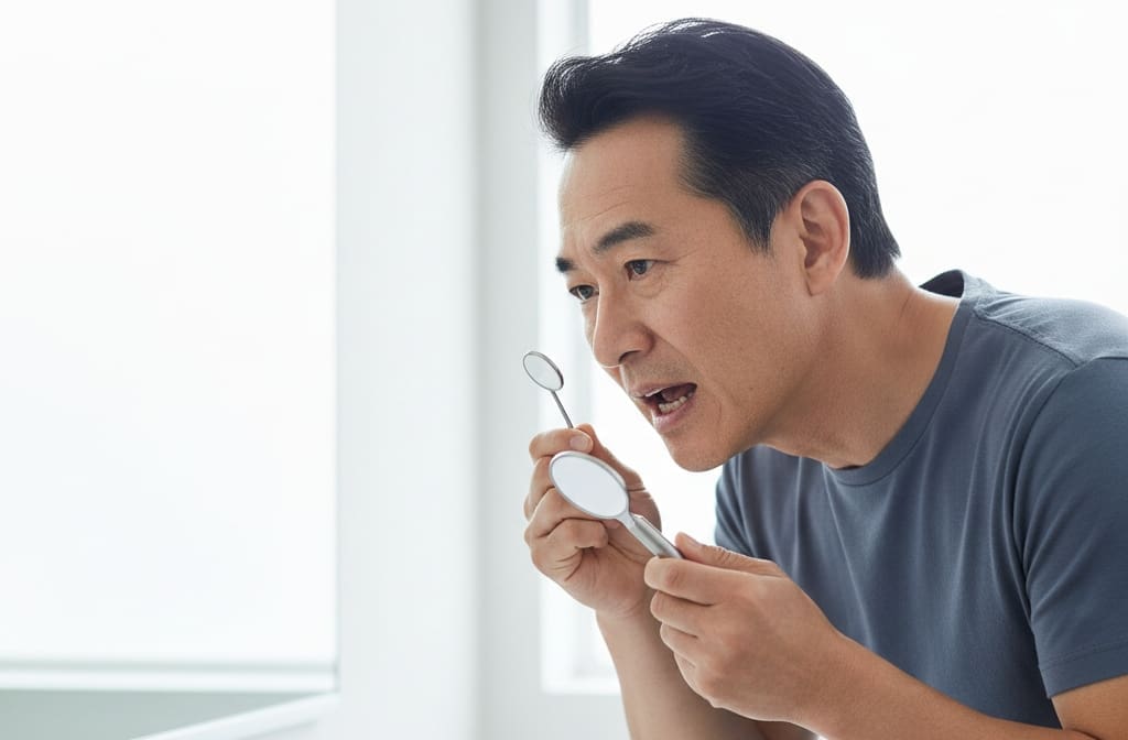 Early dental self-exam at home using mirror to check teeth and gums