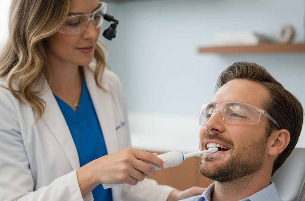 Electric toothbrush cleaning teeth in modern dental clinic