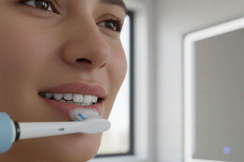 Person brushing teeth with electric toothbrush for plaque removal