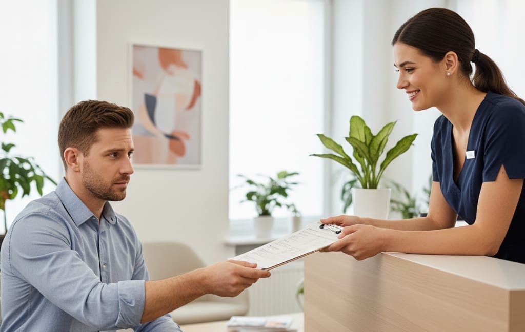 Patient arriving for their first dental visit at a modern dental clinic