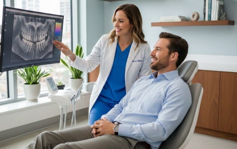 Dentist showing digital dental scan to relaxed patient in modern clinic