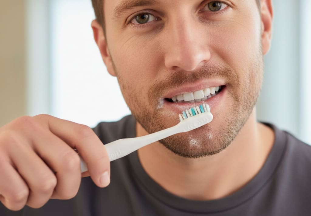 Person brushing teeth gently with soft toothbrush for gum health