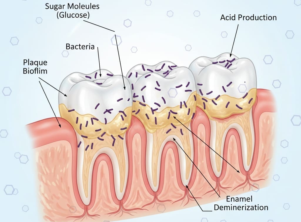 Illustration showing how high blood sugar promotes bacterial growth and gum inflammation in diabete